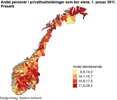 Andel personer i privathusholdninger som bor alene. 1. januar 2011. Prosent