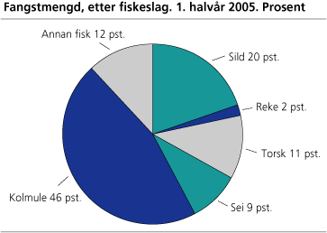 Fangstmengd, etter fiskeslag. 1. halvår 2005*. Prosent 