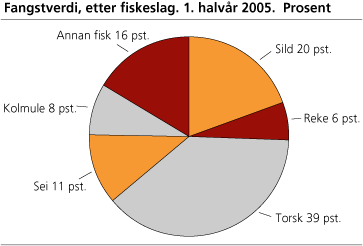 Fangstverdi, etter fiskeslag. 1. halvår 2005*. Prosent