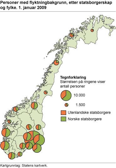 Personer med flyktningbakgrunn, etter statsborgerskap og fylke. 1. januar 2009