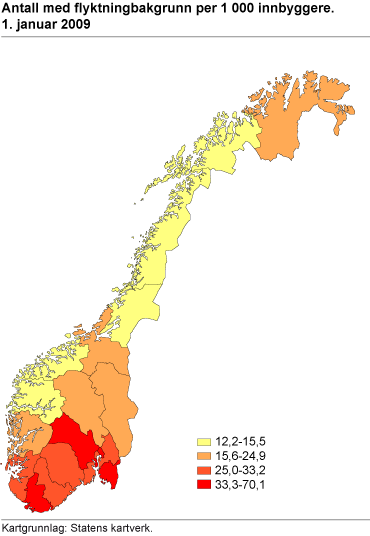 Antall med flyktningbakgrunn per 1 000 innbyggere. 1. januar 2009