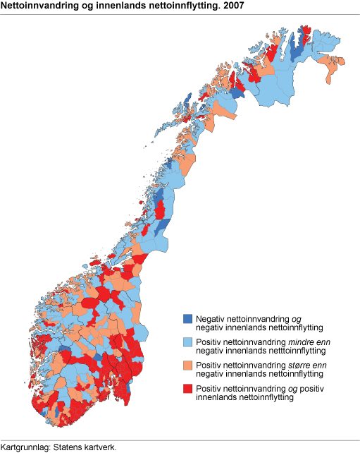 Nettoinnvandring og innenlands nettoinnflytting. 2007