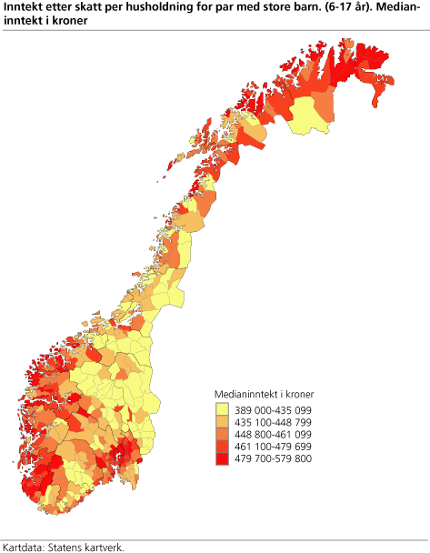 Inntekt etter skatt per husholdning for par med store barn. (6-17 år). Medianinntekt i kroner