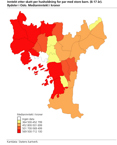 Inntekt etter skatt per husholdning for par med store barn. (6-17 år). Bydeler i Oslo. Medianinntekt i kroner 