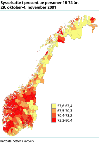 Sysselsatte i prosent av personer 16-74 år. 29. oktober-4. november 2001 