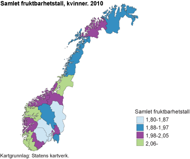 Samlet fruktbarhetstall, kvinner. 2010