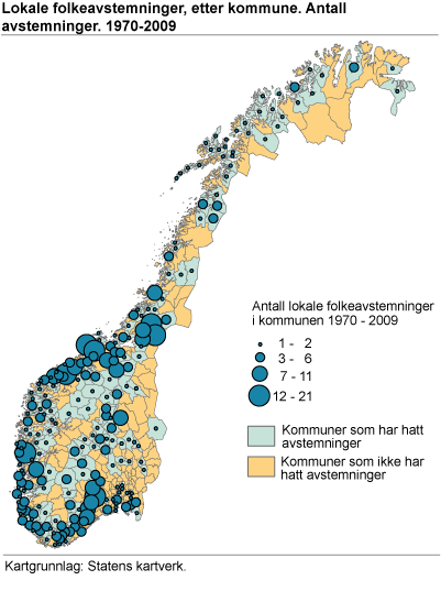 Lokale folkeavstemninger, etter kommune. Antall avstemninger. 1970-2009
