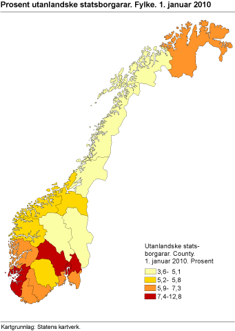 Prosent utanlandske statsborgarar. Fylke. 1. januar 2010