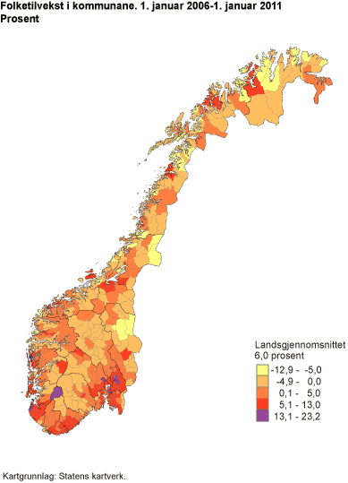 Folketilvekst i kommunane. 1. januar 2006-1. januar 2011. Prosent