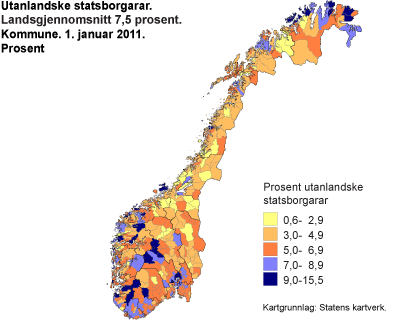 Utanlandske statsborgarar. Landsgjennomsnitt 7,5 prosent. Kommune. 1. januar 2011. Prosent