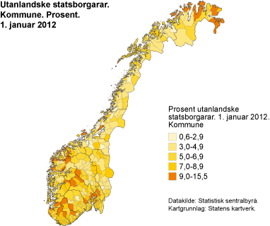 Utanlandske statsborgarar. Kommune. 1. januar 2012. Prosent