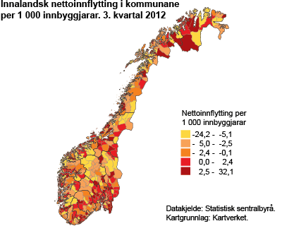 Innalandsk nettoinnflytting i kommunane. Per 1 000 innbyggjarar. 3. kvartal 2012