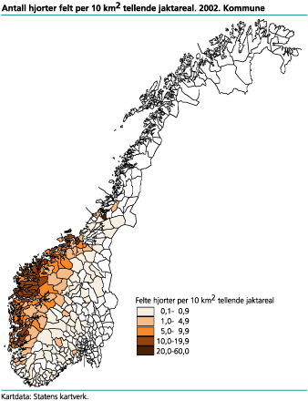 Antall hjorter felt per 10 km² tellende jaktareal. 2002. Kommune