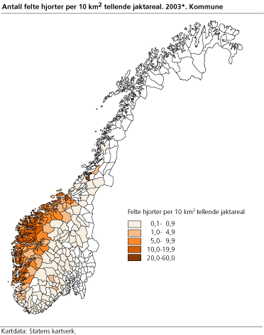 Antall felte hjorter per 10 km² tellende jaktareal. 2003. Kommune