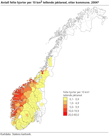 Antall felte hjort per 10 km² tellende jaktareal, etter kommune. 2004