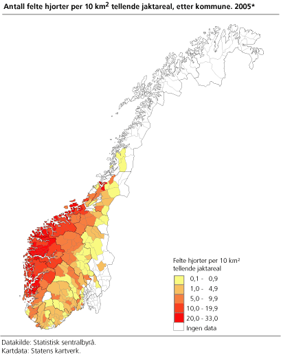 Antall felte hjorter per 10 km² tellende jaktareal, etter kommune. 2005