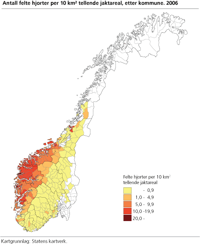 Antall felte hjort per 10 km² tellende jaktareal. 2006. Kommune
