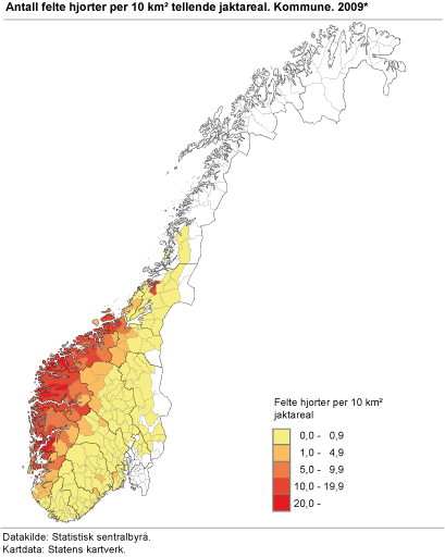 Antall felte hjorter per 10 km² tellende jaktareal. Kommune. 2009*