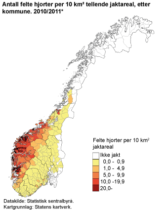 Antall felte hjorter per 10 km² tellende jaktareal. Kommune. 2010/2011*