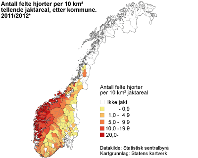 Antall felte hjorter per 10 km² tellende jaktareal. Kommune. 2011/2012*