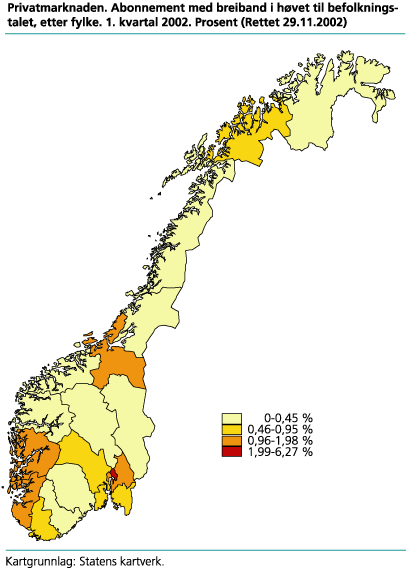 Privatmarknaden. Abonnement med breiband (overføringskapasitet større enn 384 Kbit per sekund) i høve til befolkningstalet, etter fylke. 1. kvartal 2002. Prosent