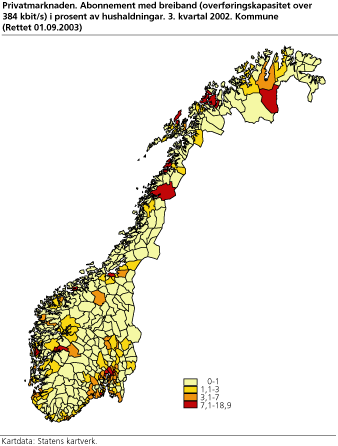 Privatmarknaden. Abonnement med breiband (overføringskapasitet over 384 kbit/s) i prosent av folketalet. 3. kvartal 2002.  Kommune