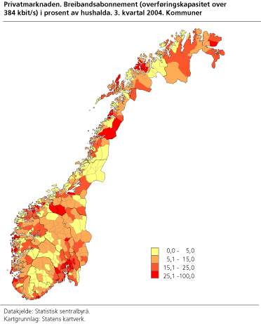 Privatmarknaden. Breibandsabonnement (overføringskapasitet over 384 kbit/s) i prosent av hushalda. 3. kvartal 2004. Kommune