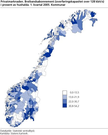 Privatmarknaden. Breibandsabonnement (overføringskapasitet over 128 kbit/s) i prosent av hushalda. 1. kvartal 2005. Kommunar