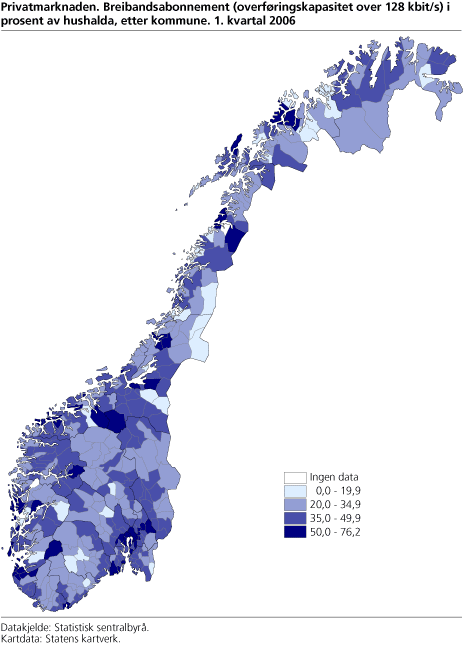 Privatmarknaden. Breibandsabonnement (overføringskapasitet over 128 kbit/s) i prosent av hushalda. 1. kvartal 2006. Kommunar