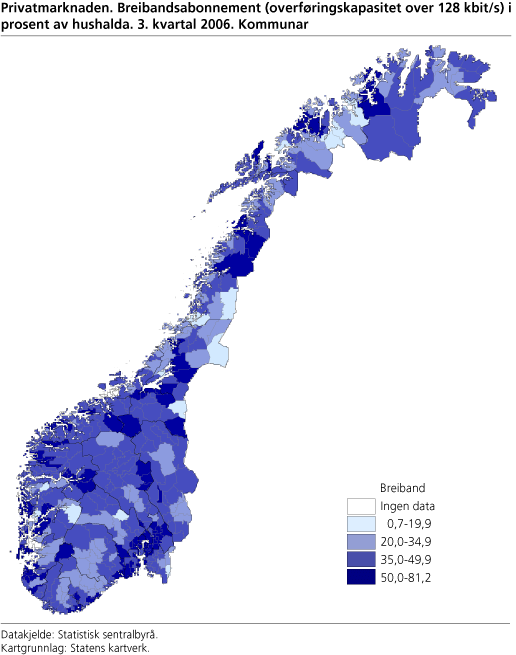 Privatmarknaden. Breibandsabonnement (overføringskapasitet over 128 kbit/s) i prosent av hushalda. 3. kvartal 2006. Kommunar