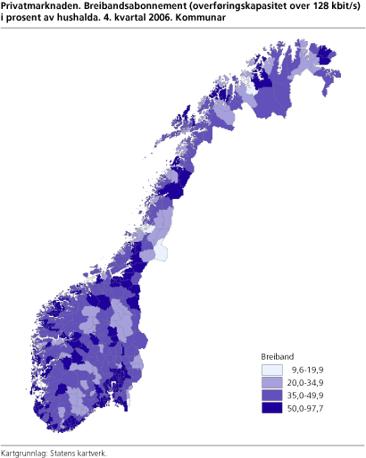 Privatmarknaden. Breibandsabonnement (overføringskapasitet over 128 kbit/s) i prosent av hushalda. 4. kvartal 2006. Kommunar