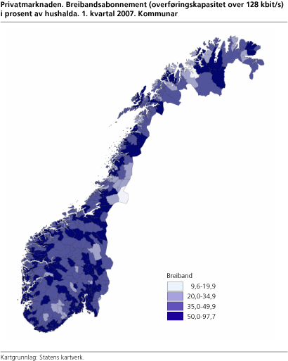 Privatmarknaden. Breibandsabonnement (overføringskapasitet over 128 kbit/s) i prosent av hushalda. 1. kvartal 2007. Kommunar