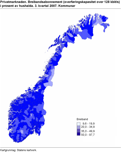 Privatmarknaden. Breibandsabonnement (overføringskapasitet over 128 kbit/s) i prosent av hushalda. 3. kvartal 2007. Kommunar