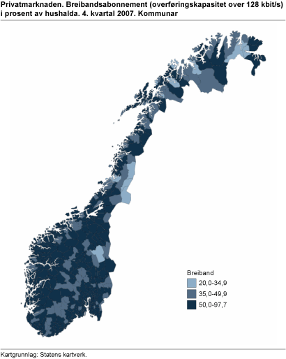 Privatmarknaden. Breibandsabonnement (overføringskapasitet over 128 kbit/s) i prosent av hushalda. 4. kvartal 2007. Kommunar