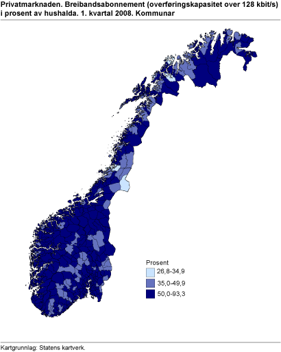 Privatmarknaden. Breibandsabonnement (overføringskapasitet over 128 kbit/s) i prosent av hushalda. 1. kvartal 2008. Kommunar