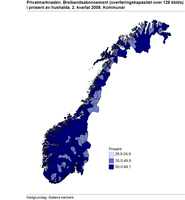 Privatmarknaden. Breibandsabonnement (overføringskapasitet over 128 kbit/s) i prosent av hushalda. 2. kvartal 2008. Kommunar