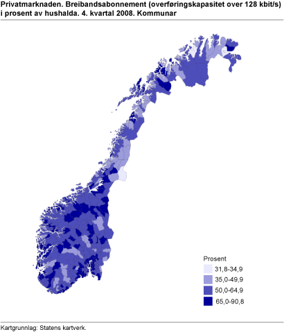 Privatmarknaden. Breibandsabonnement (overføringskapasitet over 128 kbit/s) i prosent av hushalda. 4. kvartal 2008. Kommunar