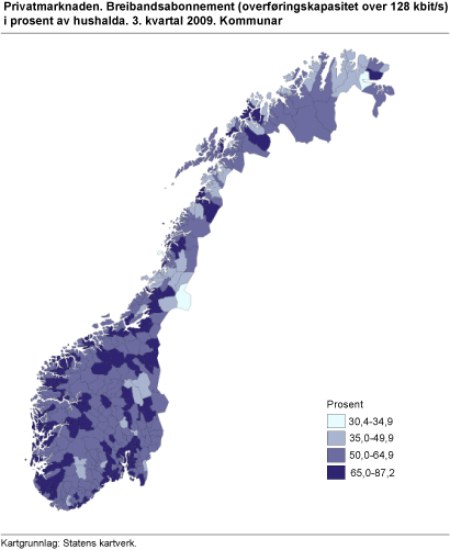 Privatmarknaden. Breibandsabonnement (overføringskapasitet over 128 kbit/s) i prosent av hushalda. 32. kvartal 2009. Kommunar