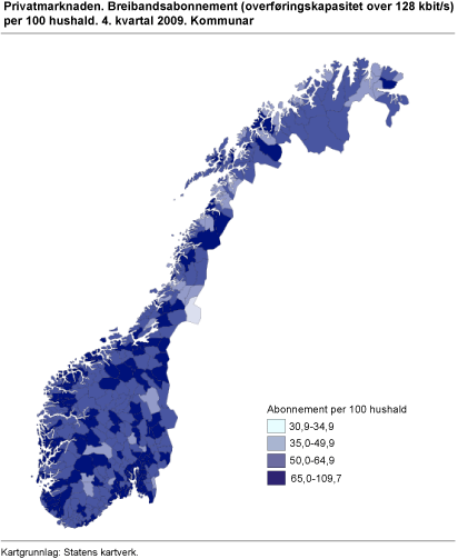 Privatmarknaden. Breibandsabonnement (overføringskapasitet over 128 kbit/s) i prosent av hushalda. 4. kvartal 2009. Kommunar