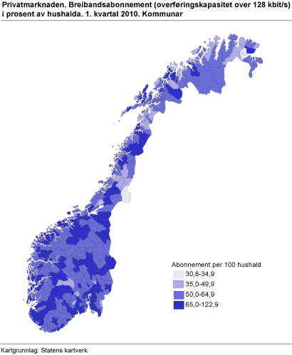 Privatmarknaden. Breibandsabonnement (overføringskapasitet over 128 kbit/s) i prosent av hushalda. 1. kvartal 2010. Kommunar