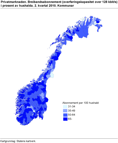 Privatmarknaden. Breibandsabonnement (overføringskapasitet over 128 kbit/s) i prosent av hushalda. Kommunar. 2. kvartal 2010