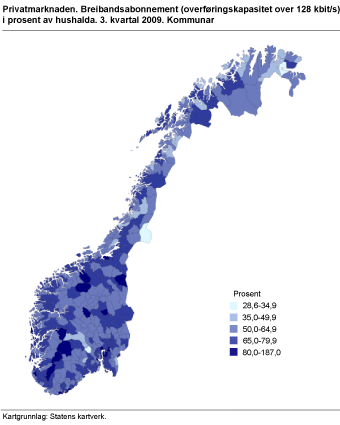 Privatmarknaden. Breibandsabonnement (overføringskapasitet over 128 kbit/s) i prosent av hushalda. 3. kvartal 2010. Kommunar