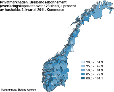 Privatmarknaden. Breibandsabonnement (overføringskapasitet over 128 kbit/s) i prosent av hushalda. 2. kvartal 2011. Kommunar