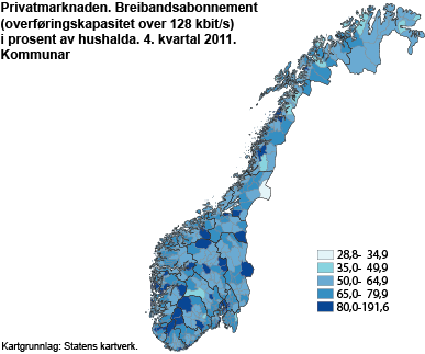 Privatmarknaden. Breibandsabonnement (overføringskapasitet over 128 kbit/s) i prosent av hushalda. 4. kvartal 2011. Kommunar