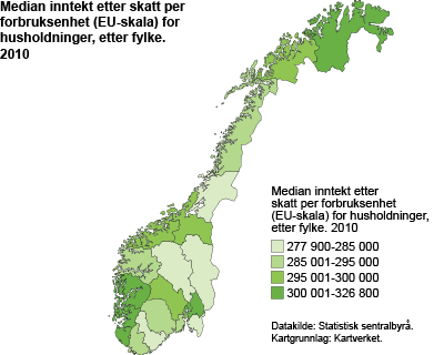 Median inntekt etter skatt per forbruksenhet (EU-skala) for husholdninger, etter fylke. 2010