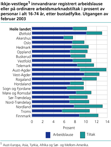 Ikkje-vestlege innvandrarar registrert arbeidslause eller på arbeidsmarknadstiltak i prosent av personar 16-74 år i alt, etter bustadfylke. Utgangen av februar 2003