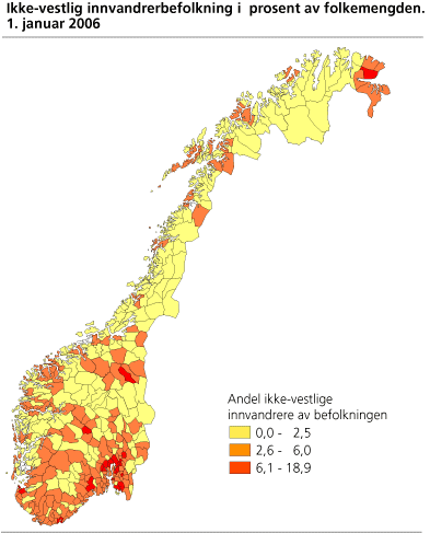 Ikke-vestlig innvandrerbefolkning i prosent av folkemengden.  1. januar 2006