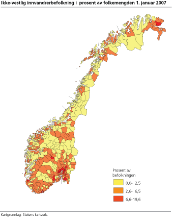 Ikke-vestlig innvandrerbefolkning i prosent av folkemengden. 1. januar 2007