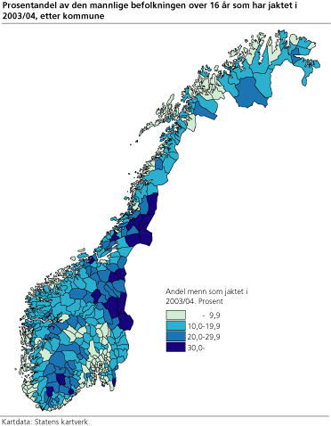 Prosentandel av den mannlige befolkningen over 16 år som har jaktet i 2003/04, etter kommune