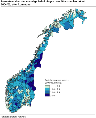 Prosentandel av den mannlige befolkningen over 16 år som har jaktet i 2004/05, etter kommune